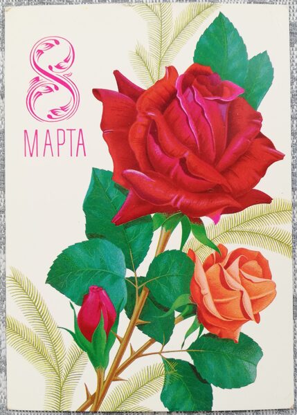 "March 8" 1980 Red roses 10.5x15 cm USSR postcard 