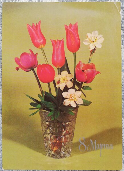 "March 8" 1983 Tulips and daffodils 10.5x15 cm USSR postcard 