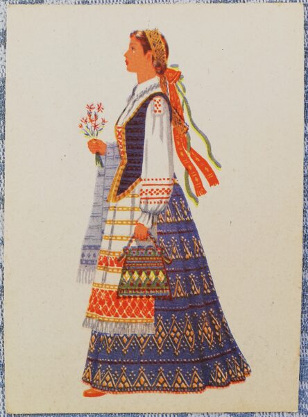 Lietuviešu tautas tērps. Sieviešu tautas tērpi Aukštaitijā. 1960. gada pastkarte 10,5x14,5 cm    