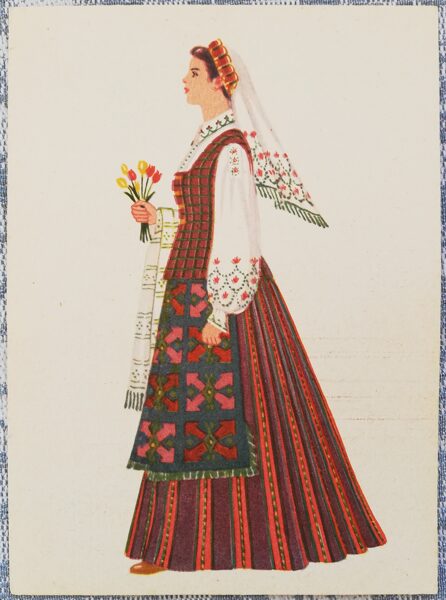 Lietuviešu tautas tērps. Zanaviču tautas tērpi. 1960. gada pastkarte 10,5x14,5 cm  
