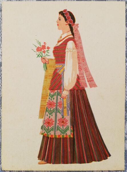 Lietuviešu tautas tērps. Kapšu tautas tērpi. 1960. gada pastkarte 10,5x14,5 cm  