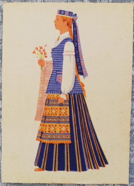 Lietuviešu tautas tērps. Sieviešu tautas tērpi Kaps. 1960. gada pastkarte 10,5x14,5 cm 