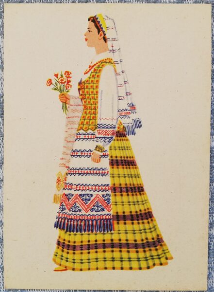 Lietuviešu tautas tērps. Sieviešu tautas tērpi Viļņas apgabalā. 1960. gada pastkarte 10,5x14,5 cm   