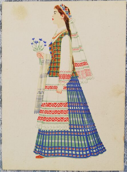 Lietuviešu tautas tērps. Sieviešu tautas tērpi Viļņas apgabalā 1960. gada pastkarte 10,5x14,5 cm  