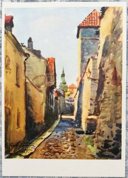 Karl Burman "Laboratoriumi Street" 1968 Tallinn watercolor Estonian postcard 10.5x15 cm  