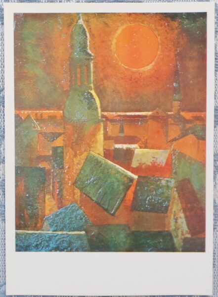 Laimdots Murnieks 1983 Old Riga at sunset 10.5x15 cm Riga motifs  
