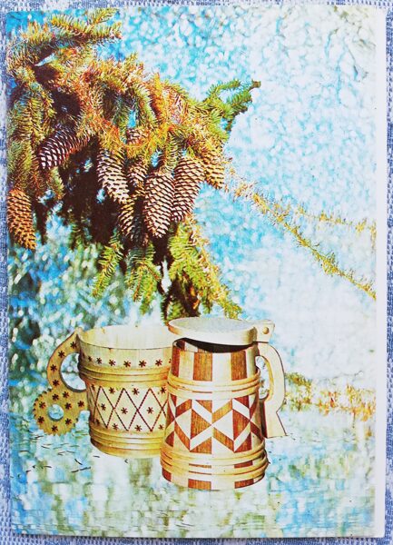 "Happy New Year!" 1980 Wooden mugs 10.5x15 cm Estonian postcard Eesti Raamat  