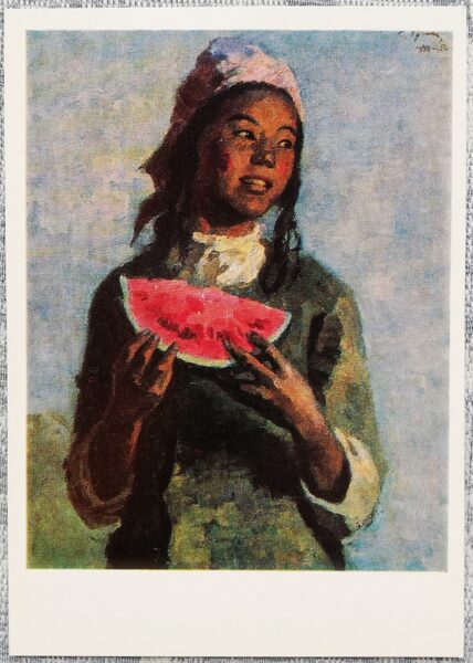 Semjons Čuikovs 1987 Ganu meita ar arbūzu 10,5x15 cm PSRS mākslas pastkarte  