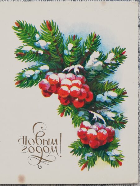 New Year's card 1985 "Red berries on a branch" 7.5x10.5 cm  