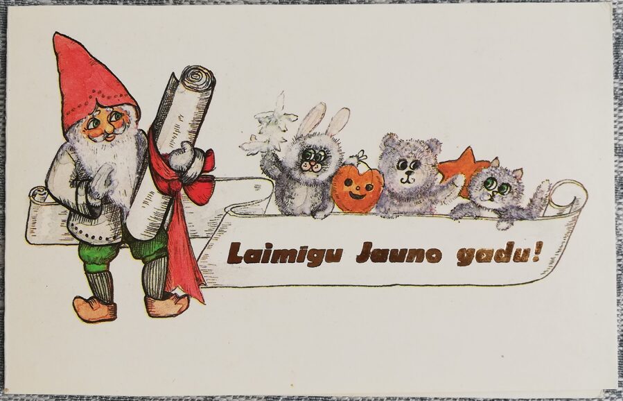 New Year card 1986 Dwarf and animals 9x14 cm  