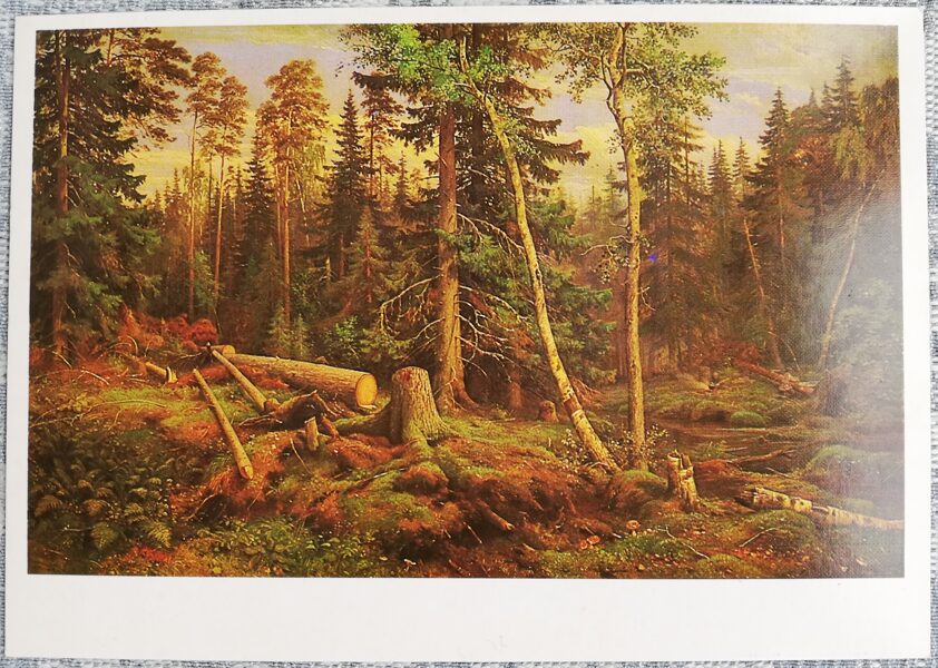 Ivans Šiškins 1985 "Mežu izciršana" 15x10,5 cm PSRS mākslas pastkarte  