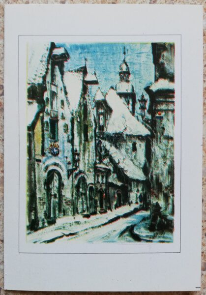 Янис Бректе 1983 репродукция картины Старая Рига 7,5x10,5 см открытка Латвия  