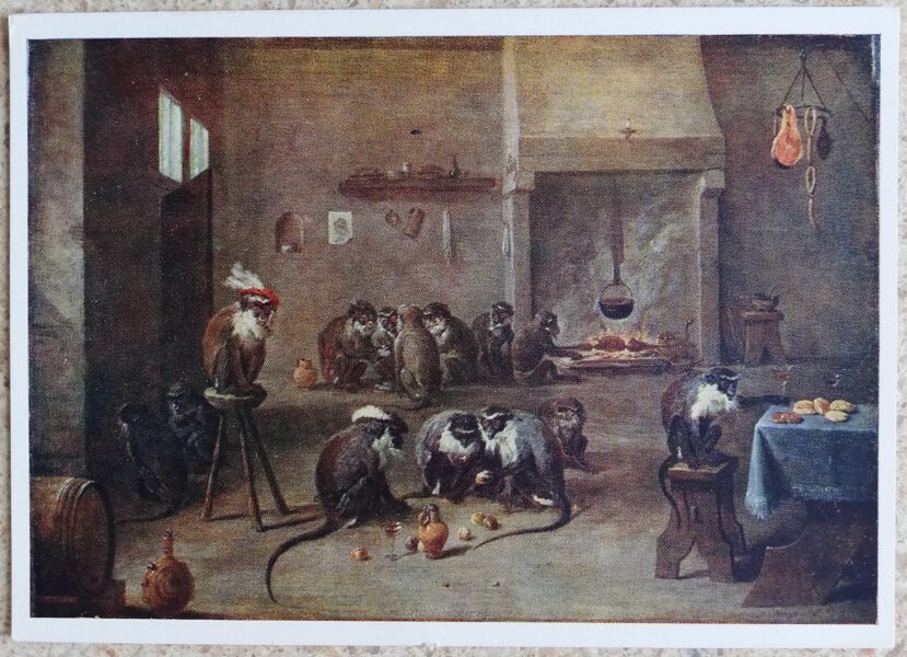 Deivids Teniers jaunākais 1959 Pērtiķi virtuvē 15x10,5 cm PSRS pastkarte  