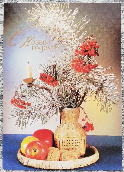 New Year's card 1989 Rowan branches and apples 10.5x15 cm USSR postcard  