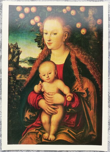 Lūkass Kranaks vecākais 1973 Madonna un bērns zem ābeles 10,5x15 cm PSRS mākslas pastkarte  