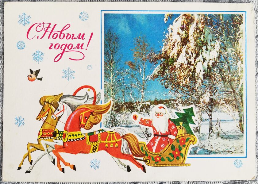 Ded Moroz on a sleigh 1980 New Year's card 15x10.5 cm USSR  