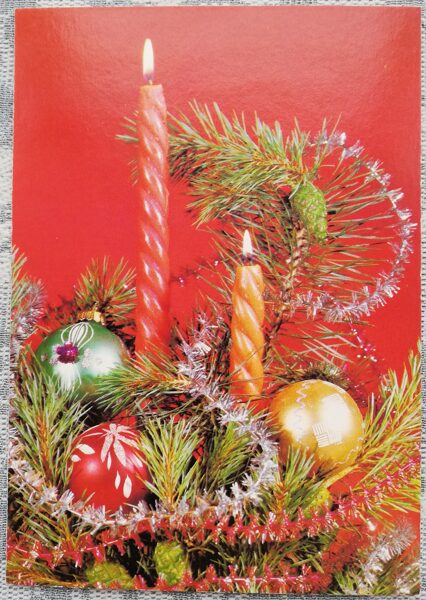 Happy New Year 1990 Two red candles 10.5x15 cm USSR postcard  