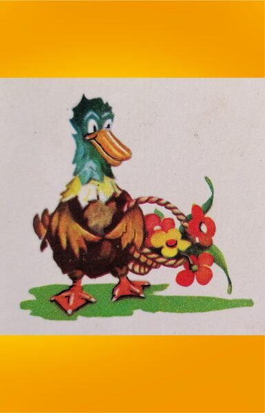 Duck with a basket of flowers 1978 Mini greeting card 11.5x5.5 cm  