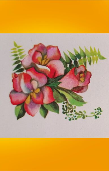 Red Flowers and Fern 1979 Greeting mini card 11.5x5.5 cm   