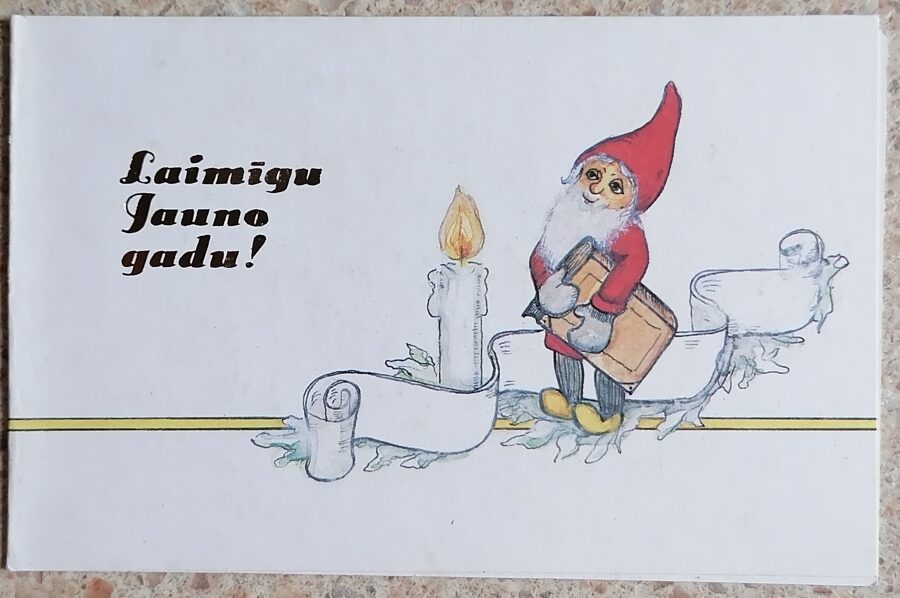 Gnome with a book 1986 New Year card 14 x 9 cm Latvia  