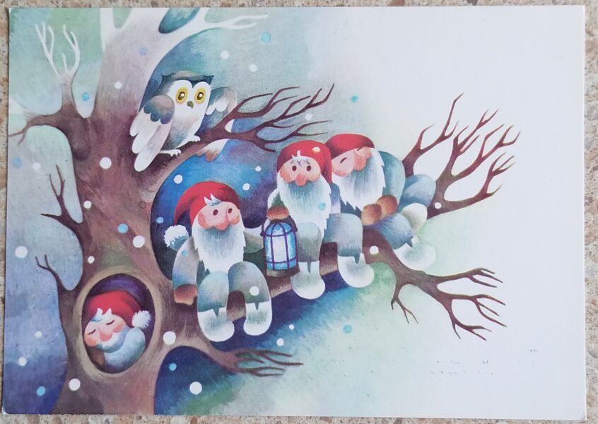 Gnomes and owl on a branch 1982 New Year card from Latvia 15x10.5 cm  
