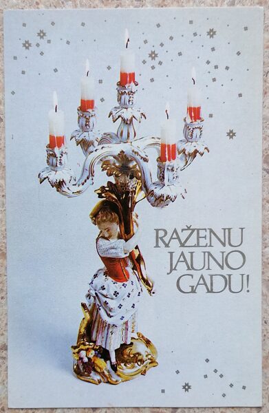 Candlestick with red and white candles 1988 Latvian New Year card 9x14 cm  