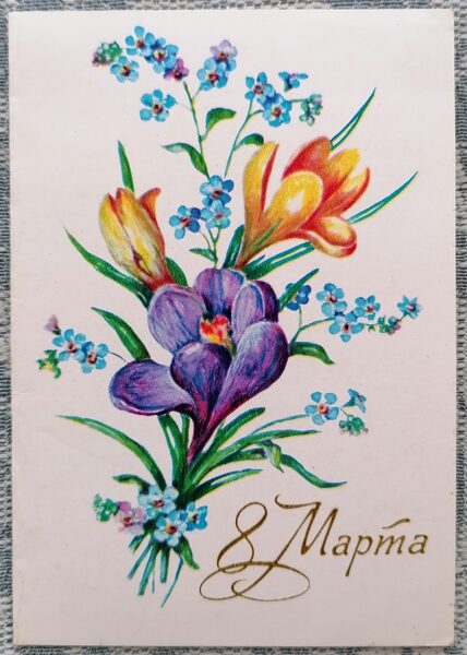 Crocuses and forget-me-nots 1983 postcard USSR March 8 7.5x10.5 cm  