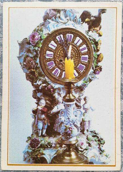 Antique table clock and candlestick 1991 New Year card Latvia 10.5x15 cm  