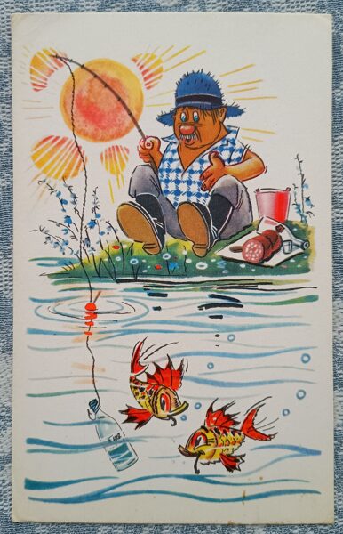 Offers his vodka to the fish 1968 USSR postcard 9x14 cm humor  