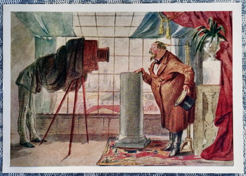 Tirgotājs fotogrāfa priekšā 1958 Pjotrs Šmeļkovs 15x10,5 cm PSRS mākslas pastkarte   