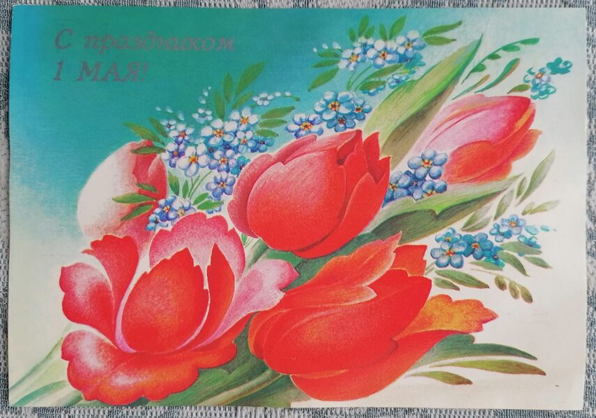 Bouquet of tulips 1988 Happy May 1st 15x10.5 cm USSR greeting card  