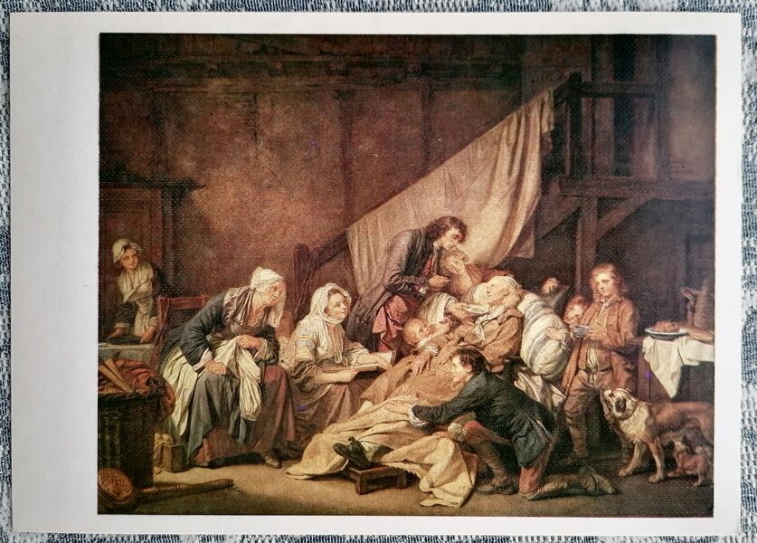 Žans Batists Greuze 1986 Paralītiskais jeb labas izglītības augļi 15x10,5 cm PSRS pastkarte   