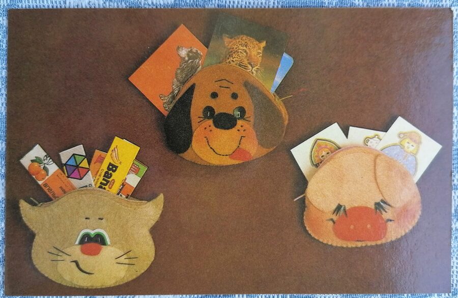 Bērnu maki (sivēns, suns, kaķis) 1989 PSRS 14x9 cm pastkarte rokdarbiem  