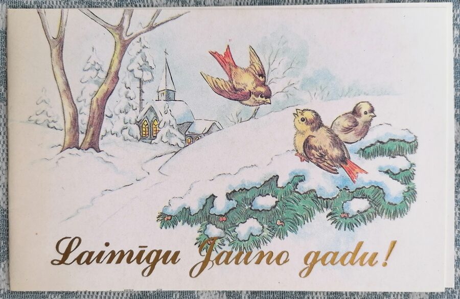 Birds on a branch against the background of the church 1990 Happy New Year 14x9 cm postcard Latvia  