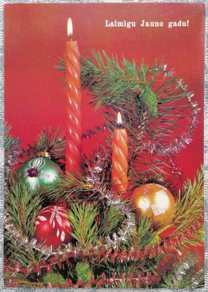Two red candles 1990 USSR New Year card 10.5x15 cm  