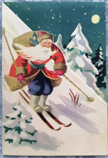 Estonian Santa Claus skiing down the mountain 1957 New Year card Estonia 10x14.5 cm Murrang Oktoober  