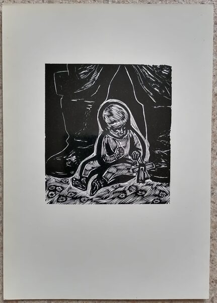 Stasis Krasauskas 1977 Bērns un karš. Ilustrācija dzejolim “Asinis un pelni” 15x21 liela mākslas pastkarte Kokgriezums  