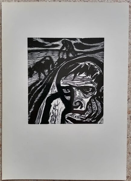 Stasis Krasauskas 1977 Marchius. Ilustrācija dzejolim “Asinis un pelni” 15x21 liela mākslas pastkarte Kokgriezums  