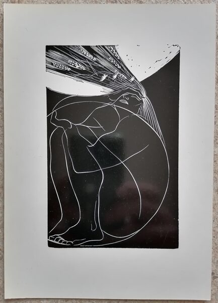 Stasis Krasauskas 1977 Sapnis. Ilustrācija E. Meželaiša dzejas krājumam “Cilvēks” 15x21 liela mākslas pastkarte Kokgriezums 