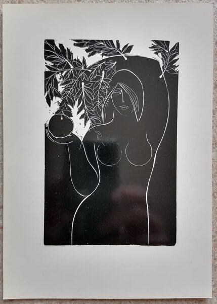 Stasis Krasauskas 1977 Sieviete. Ilustrācija E. Meželaiša dzejas krājumam “Cilvēks” 15x21 liela mākslas pastkarte Kokgriezums  