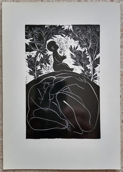 Stasis Krasauskas 1977 Nemirstība. Ilustrācija E. Meželaiša dzejas krājumam “Cilvēks” 15x21 liela mākslas pastkarte Kokgriezums  