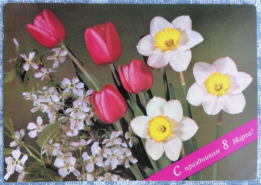 Daffodils and tulips 1983 greeting card USSR March 8 10.5x15 cm  