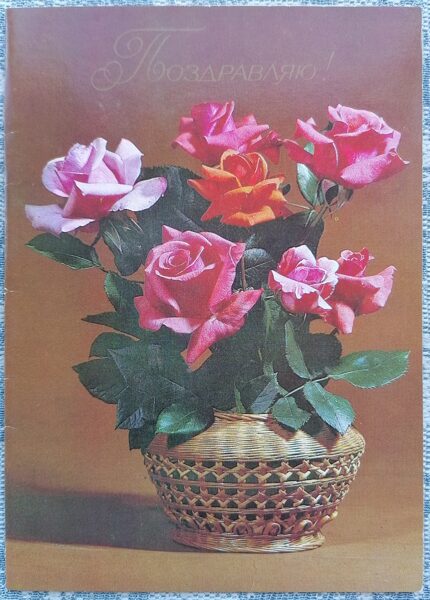 Rozā rozes vāzē 1985 PSRS apsveikuma kartīte 10,5x15 cm  