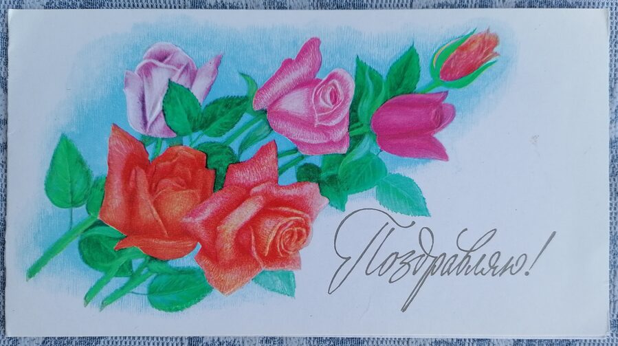 Rozā rozes 1978 PSRS apsveikuma kartīte 17,5x9,5 cm  