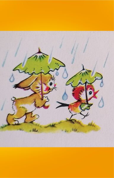 Zaķis un putns zem lietussarga 1984 Margarita Stāraste 11,5x5,5 cm pastkarte Latvija  