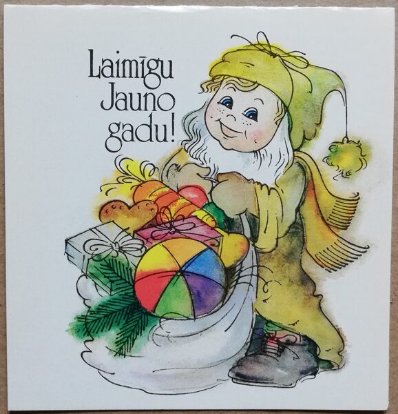 Laimīgu Jauno gadu! 1987 Rūķis ar dāvanu maisu 10,5x11 cm Jaungada kartiņa Latvija  