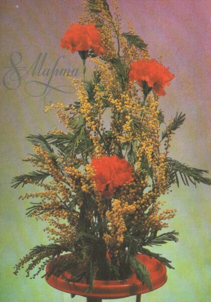 "March 8" 1984 greeting card of the USSR Carnations and mimosa 10.5x15 cm 