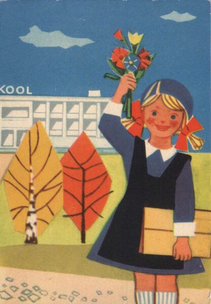 Apsveikuma pastkarte 1966. gada "Skolniece ar ziediem uz skolas fona" 10x14,5 cm Eesti Raamat