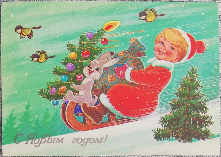 Vladimir Zarubin 1985 A boy with a bunny is sledding down a hill 15x10.5 cm USSR postcard No. 133   